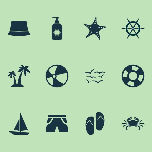 Conjunto de iconos del sol con pelota, pantalones cortos, boya salvavidas y otros elementos de sandalias de playa. Iconos de sol de ilustración vectorial aislado . — Archivo Imágenes Vectoriales
