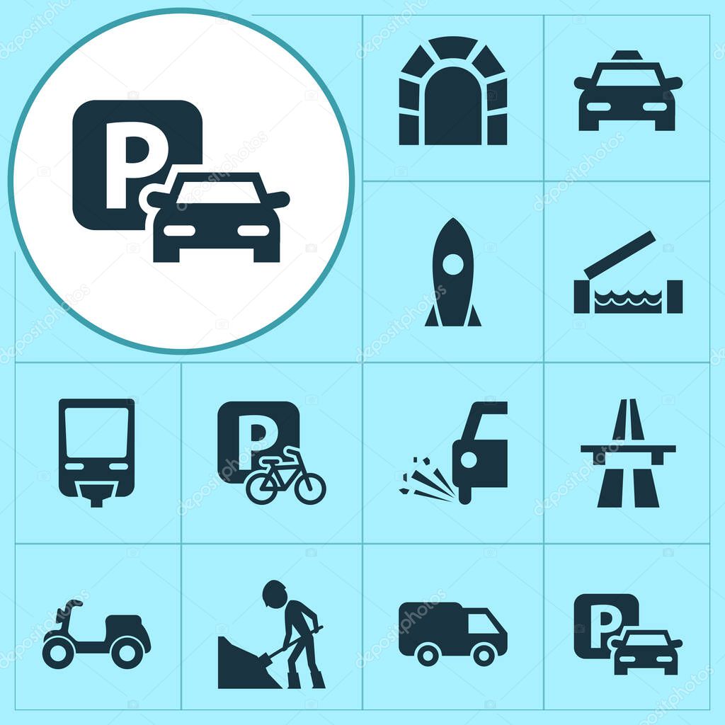 Transport icons set with start of motorway, loose chipping, moped and other freeway elements. Isolated vector illustration transport icons.