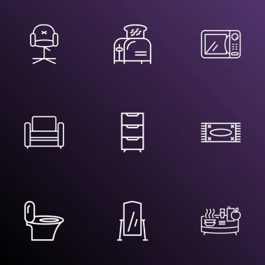 Ev simgeleri, modern koltuk, şık sandalye, halı ve diğer gösteriş öğeleri ile birlikte dizilmiş. İzole edilmiş illüstrasyon evi simgeleri.