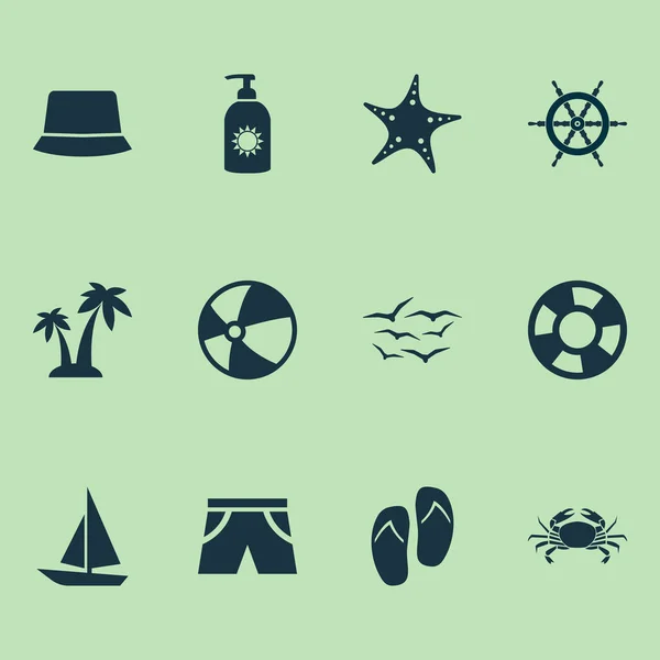 Season icons set with ball, shorts, lifebuoy and other beach sandals elements. Isolated illustration season icons.