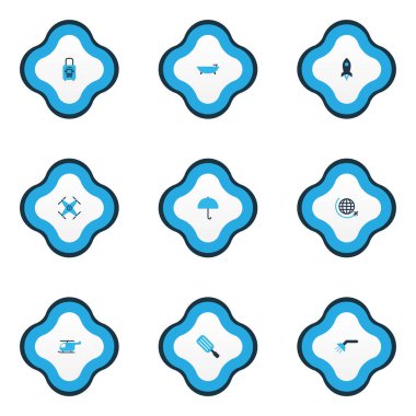 Trip simgeleri, banyo, helikopter, dörtgen ve diğer buzlu şeker elementleriyle renklendirilmiş. İzole edilmiş illüstrasyon gezi simgeleri.