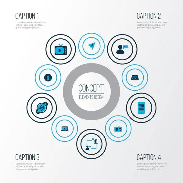 Icônes de communication colorées ensemble avec fm, communication en ligne, envoyer des SMS et autres éléments de blog. Isolé icônes de communication illustration . — Photo