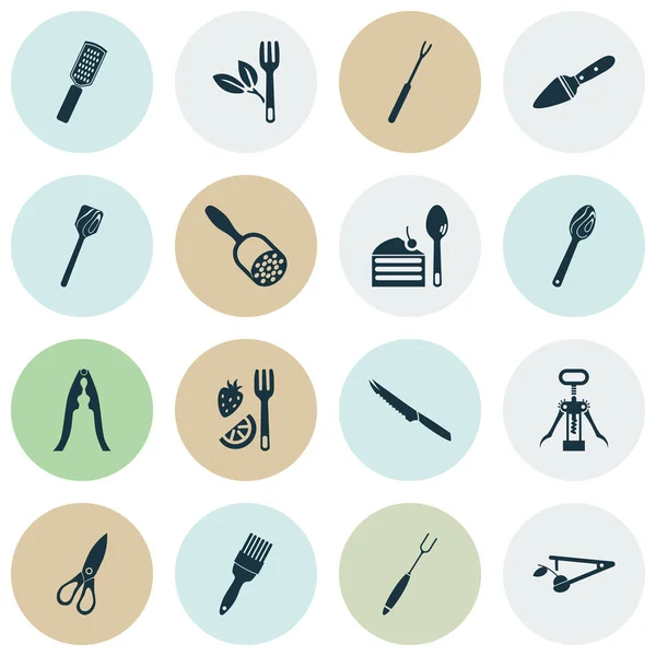 Kuchyňské ikony s cukrářským serverem, kartáčem na pečivo, dřevěnou lžičkou a dalšími soustružnickými prvky. Izolované ilustrační ikony kuchyňského nádobí. — Stock fotografie