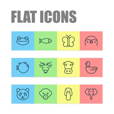 İnek, deniz ürünleri, kelebek ve diğer kaz unsurlarından oluşan zooloji ikonları. İzole vektör illüstrasyon zooloji simgeleri.