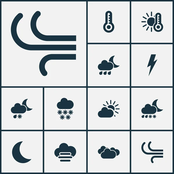 Klimaat pictogrammen ingesteld met temperatuur, onweer, sneeuwval en andere spanningselementen. Geïsoleerde vectorillustratie klimaatpictogrammen. — Stockvector