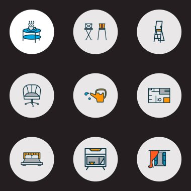 Dekor simgeleri, sulama tenekesi, komodin, koltuk ve diğer kaplama elementleriyle renklendirilmiş. İzole resimli dekor simgeleri.