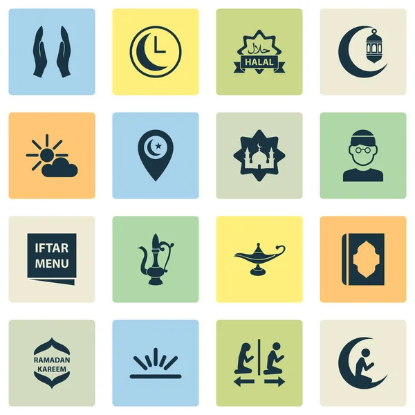 Religion icons set with people, asr, masjid and other lamp elements. Isolated illustration religion icons.