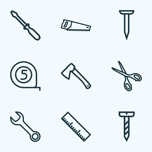 Инструменты иконки линейный стиль набор с гаечным ключом, отверткой, болтом и другими элементами винта. Изолированные иконки инструментов иллюстрации . — стоковое фото