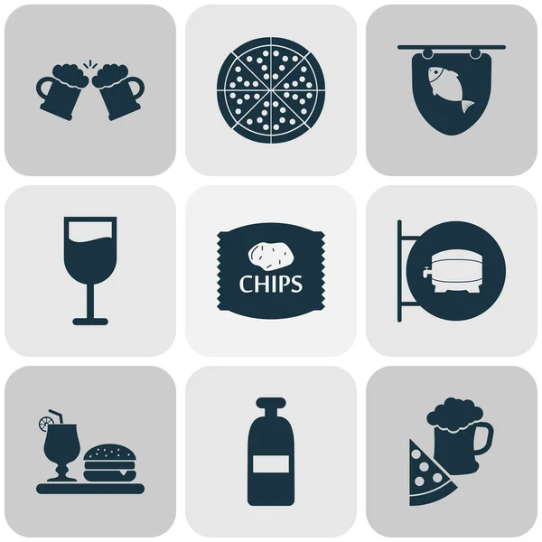 Drink icons set with bottle of rum, glass of wine, chips and other pepperoni elements. Isolated illustration drink icons.