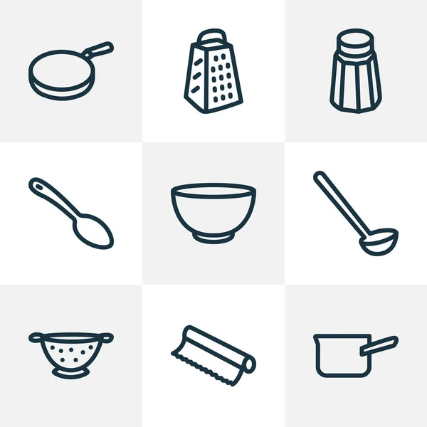 Naczynia ikony linii stylu zestaw z patelni, soli, miski i innych elementów krajalnicy. Izolowane ilustracje ikony naczyń kuchennych. — Zdjęcie stockowe