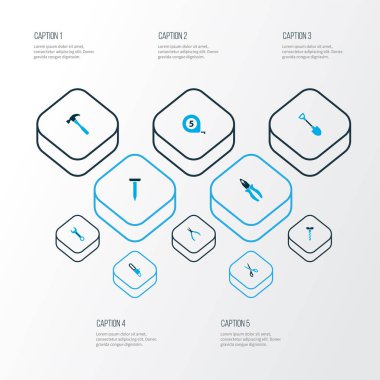 Renkli simgeleri klemp, çekiç, cıvata ve diğer anahtar elementleriyle onar. İzole vektör illüstrasyon düzeltme simgeleri.