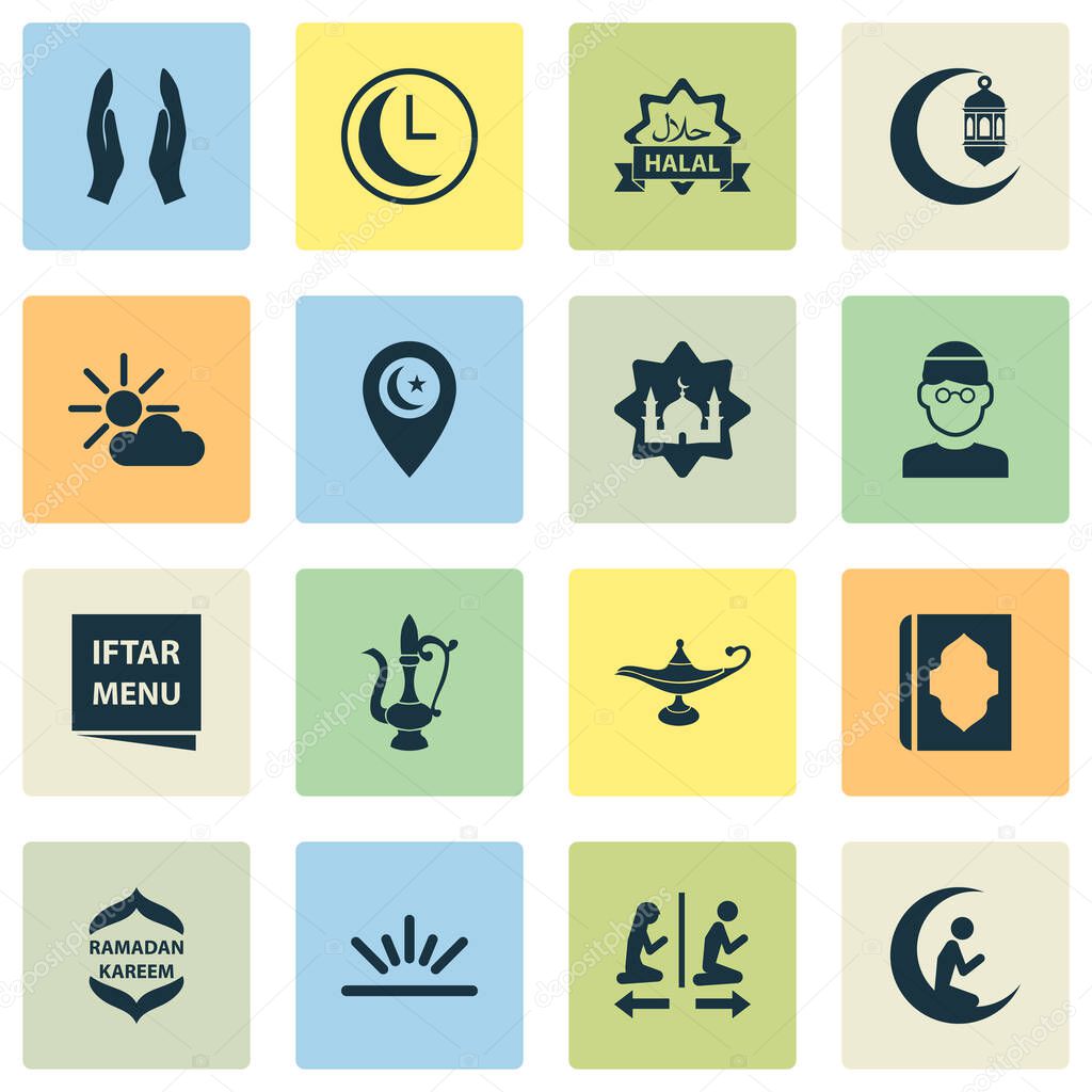 Ramadan icons set with people, asr, masjid and other lamp elements. Isolated vector illustration ramadan icons.