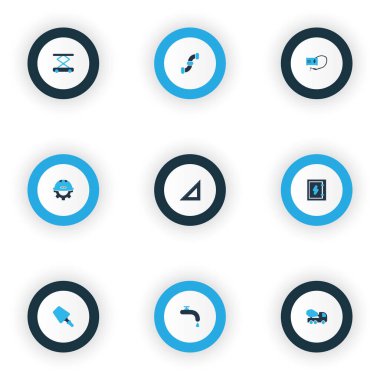 Kazıyıcı, kaynak makinesi, elektrik tahtası ve kask elementli diğer teçhizatlı inşaat simgeleri. İzole vektör illüstrasyon yapı simgeleri.