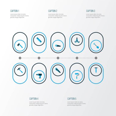 El baltası, ölçü, kürek ve diğer kesici elementlerle renklendirilmiş araç simgeleri. İzole vektör illüstrasyon araçları simgeleri.