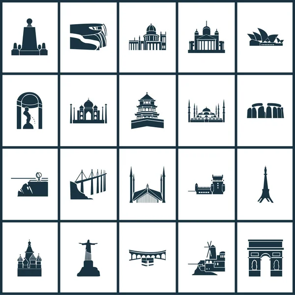 Historie iconen gezet met helinski kathedraal, zomer plaats in beijing, christ de redeemer en andere kaaba elementen. Geïsoleerde vector illustratie geschiedenis iconen. — Stockvector