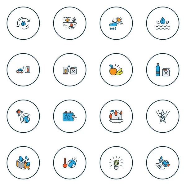 Milieu pictogrammen gekleurde lijn gezet met zeeleven, opwarming van de aarde, tankstation en andere telecommunicatie-elementen. Geïsoleerde vector illustratie omgeving pictogrammen. — Stockvector