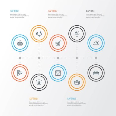 Pizza dilimi, fırın, yemek teslimatı ve diğer martini elementleriyle yemek ikonları. İzole edilmiş resimli yemek simgeleri.