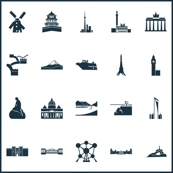 Toerisme iconen set met brandenburg poort, big ben, wind of kasteel stad elementen. Geïsoleerde illustratie toerisme iconen. — Stockfoto