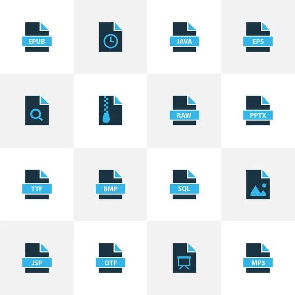 Farbige Dokumentsymbole mit Dateipräsentation, Suchdatei, Dateibild und anderen Seminarelementen. Isolierte Symbole für Illustrationsdokumente. — Stockfoto
