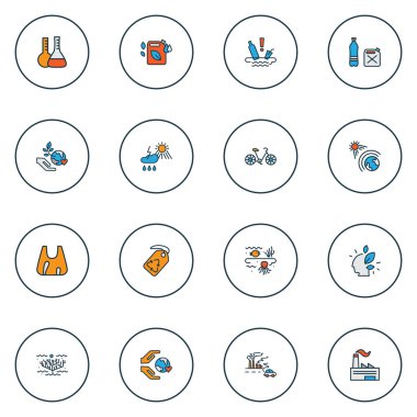 Ekoloji simgeleri bisiklet, fabrika, yeşil ve diğer alışveriş unsurlarıyla renklendirildi. İzole vektör illüstrasyon ekoloji simgeleri.