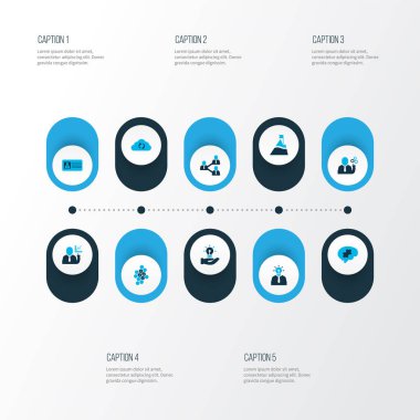 İş simgeleri bulut senkronizasyonu, çevrimiçi takım, bayrak ve diğer ışık elemanları ile renklendirilmiş. İzole vektör illüstrasyon çalışma simgeleri.