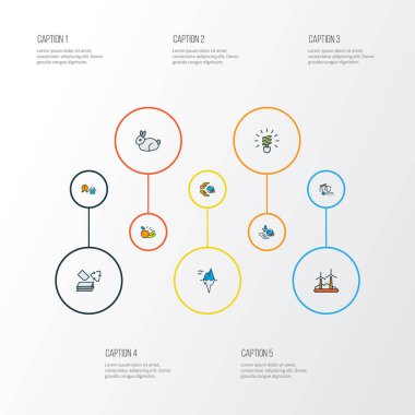 Ekoloji simgeleri rüzgar türbini, kağıt geri dönüşümü, floresan ampul ve diğer hasat elementleriyle renklendirildi. İzole vektör illüstrasyon ekoloji simgeleri.