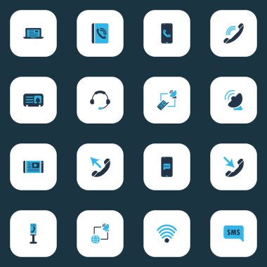 İletişim, mesaj bildirimi, telefondan selamlama ve diğer zil ögeleri ile renklendirilmiş bağlantı simgeleri. İzole edilmiş illüstrasyon bağlantı simgeleri.
