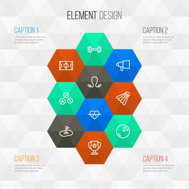 Aktivite simgeleri, kalp atışı, golf sahası, megafon ve diğer darbe elementleriyle ayarlandı. İzole vektör illüstrasyon etkinlik simgeleri.