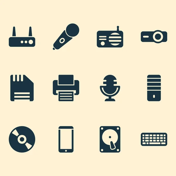 Elektronik ikoner som med radio, mikrofon, skrivare och andra fm element. Isolerade vektor illustration elektronik ikoner. — Stock vektor