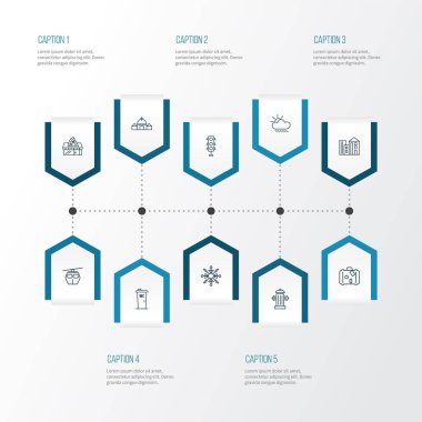 Halka. Skyline simge çizgisi WC kabin, bina, teleferik ve diğer yangın söndürme elemanları ile ayarlandı. Halka izole edilmiş illüstrasyon. Skyline simgeleri.