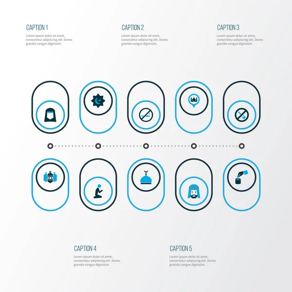 Icônes Ramadan coloré ensemble avec culte, châle, pas d'alcool et autres éléments interdits. Illustration isolée icônes ramadan . — Photo