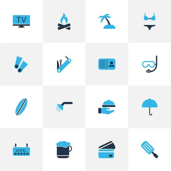 Set di icone di viaggio colorate con maschera subacquea, gelato, falò e altri elementi penknife. Isolato vettoriale illustrazione icone di viaggio . — Vettoriale Stock