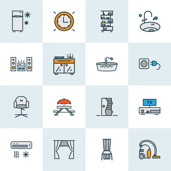 House icons colored line set with curtain, bathtub, vacuum cleaner and other wire elements. Isolated illustration house icons. — Stock Photo, Image
