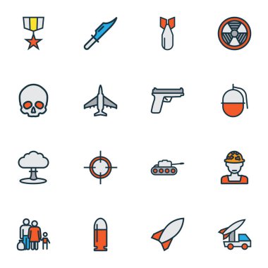 Savaş ikonları, kafatası, bomba, topçu ve diğer patlayıcı elementlerle renklendirildi. İzole vektör illüstrasyon savaş simgeleri.