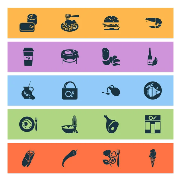 Ícones de comida com mesa de jantar, comida enlatada, sorvete e outros elementos de milho. Isolado vetor ilustração ícones alimentares . — Vetor de Stock