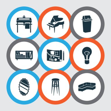 Ev dekorasyonu ikonları, köşedeki kanepe, manzara tasarımı, bar taburesi cam elementleri. İzole edilmiş vektör illüstrasyon ev dekorasyonu simgeleri.