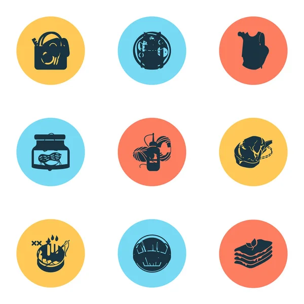 Iconos de comida con pastel de cumpleaños, mantequilla de maní, lasaña y otros elementos de catering. Iconos de harina de ilustración vectorial aislado . — Vector de stock