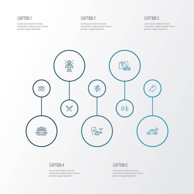 Kum havuzu, robot oyuncağı, mekanik oyuncak araba sahası elementleriyle hobi simgeleri dizisi. İzole illüstrasyon hobileri.