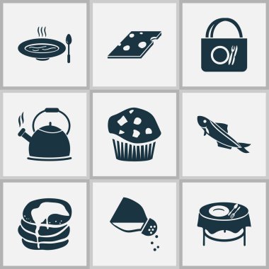 Tuz, yemek masası, çorba ve diğer tuzluk elementlerinden oluşan ikonlar. İzole edilmiş illüstrasyon yiyecek simgeleri.