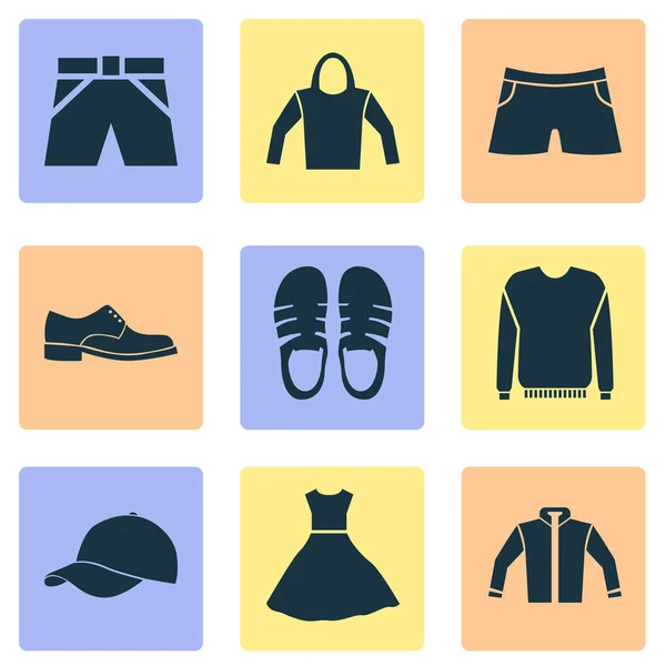 服装图标设置与套头衫，男鞋，夹克和其他运动衫元素。孤立的插图服装图标. — 图库照片