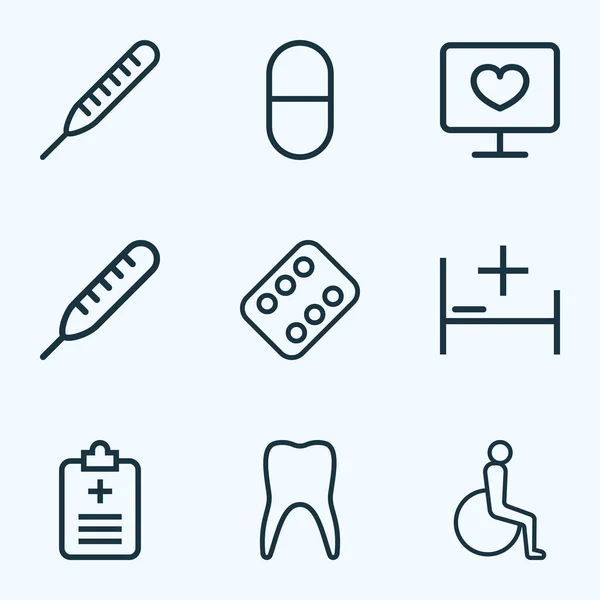 Iconos antibióticos estilo de línea con cama, cuestionario, diagnóstico y otros elementos de temperatura. Iconos de antibióticos de ilustración aislada . —  Fotos de Stock