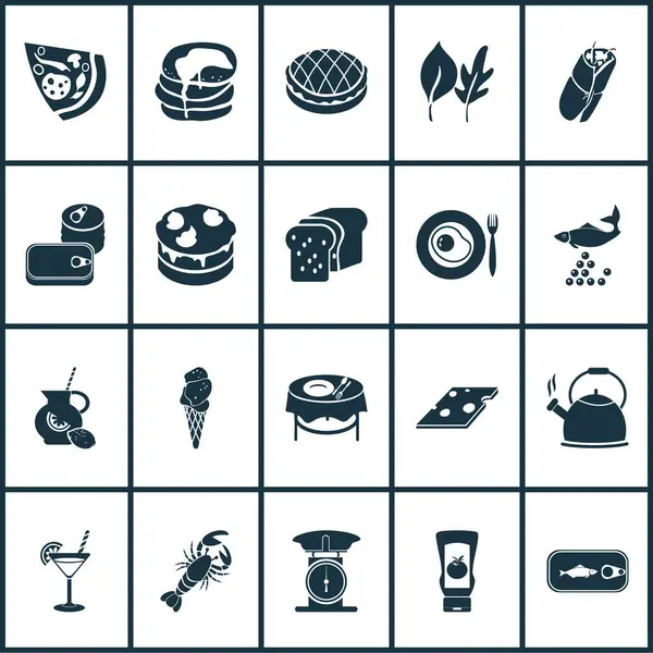 Voeding pictogrammen ingesteld met kreeft, bladeren, blikken voedsel en andere pepperoni elementen. Afzonderlijke illustratie voeding pictogrammen. — Stockfoto