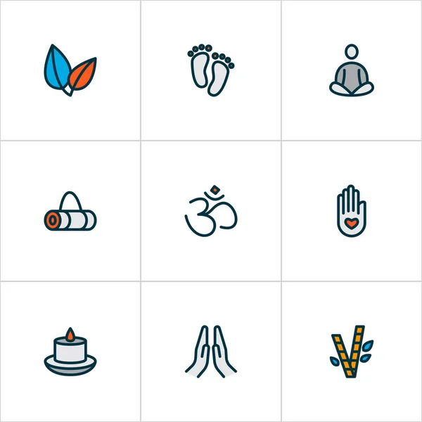 Yoga icons colored line set with meditation, peace hand, bamboo paraffin elements. Isolated illustration yoga icons. — Stock Photo, Image