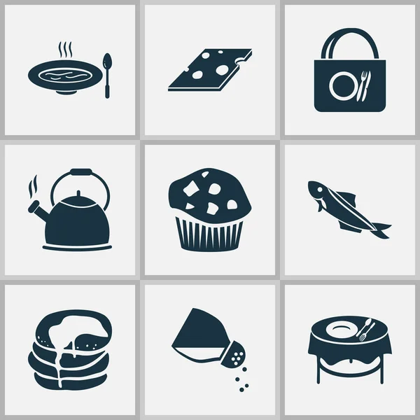 Їжа іконки встановлюються з сіллю, обіднім столом, супом та іншими солоними елементами. Ізольовані ілюстрації їжі значки . — стокове фото