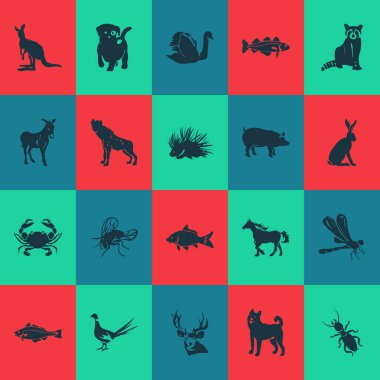 Morina balığı, sazan balığı, termit ve diğer boynuz elementleri içeren hayvan simgeleri. İzole vektör illüstrasyon hayvan simgeleri.