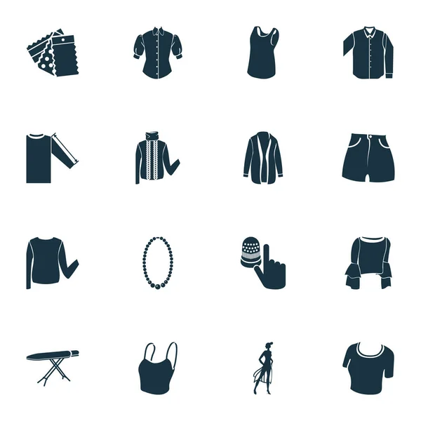 Ikony módního designu se šortkami s vysokým pasem, košilí bez rukávů, střiženým svrškem a dalšími prvky oblečení. Izolované vektorové ilustrace ikony módního designu. — Stockový vektor