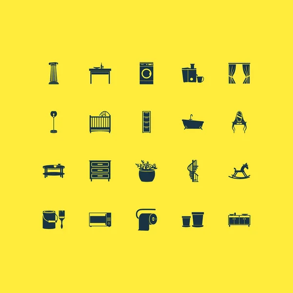 Interiérové ikony s toaletním papírem, jídelním stolem, houpacím koněm a dalšími pilíři. Izolované ikony interiéru vektorové ilustrace. — Stockový vektor