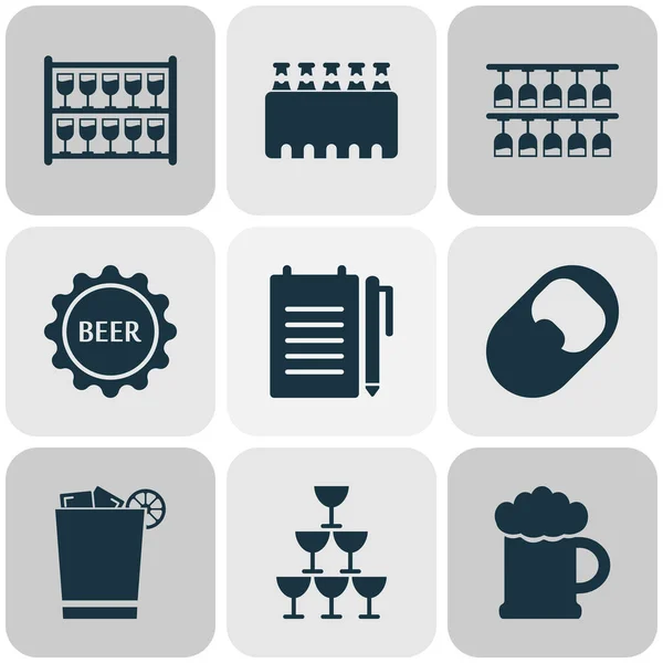 Getränk-Icons Set mit Ständer mit Gläsern, Bier, Opener Ale Box-Elementen. Isolierte Vektor-Illustration Drink-Symbole. — Stockvektor