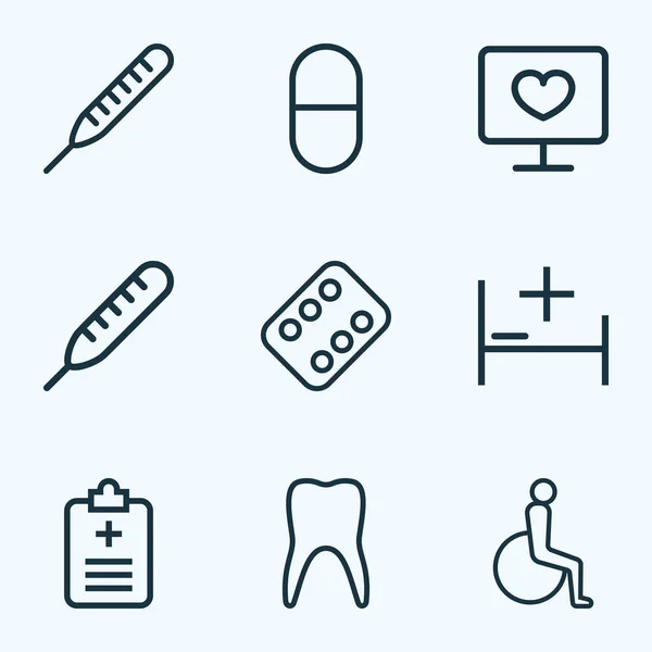 Iconos antibióticos estilo de línea con cama, cuestionario, diagnóstico y otros elementos de temperatura. Iconos de antibióticos de ilustración vectorial aislado . — Vector de stock