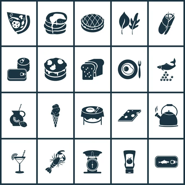 Conjunto de iconos nutricionales con langosta, hojas, alimentos enlatados y otros elementos pepperoni. Iconos de nutrición de ilustración vectorial aislada . — Archivo Imágenes Vectoriales